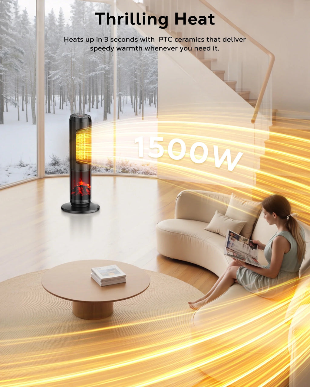 24 Inch Space Heater, 1500W Quiet Oscillating Ceramic Heater for Large Room, PTC Electric Heater with Realistic 3D Flame Effect, Remote Control, Thermostat, for Office, Bedroom, Indoor Use