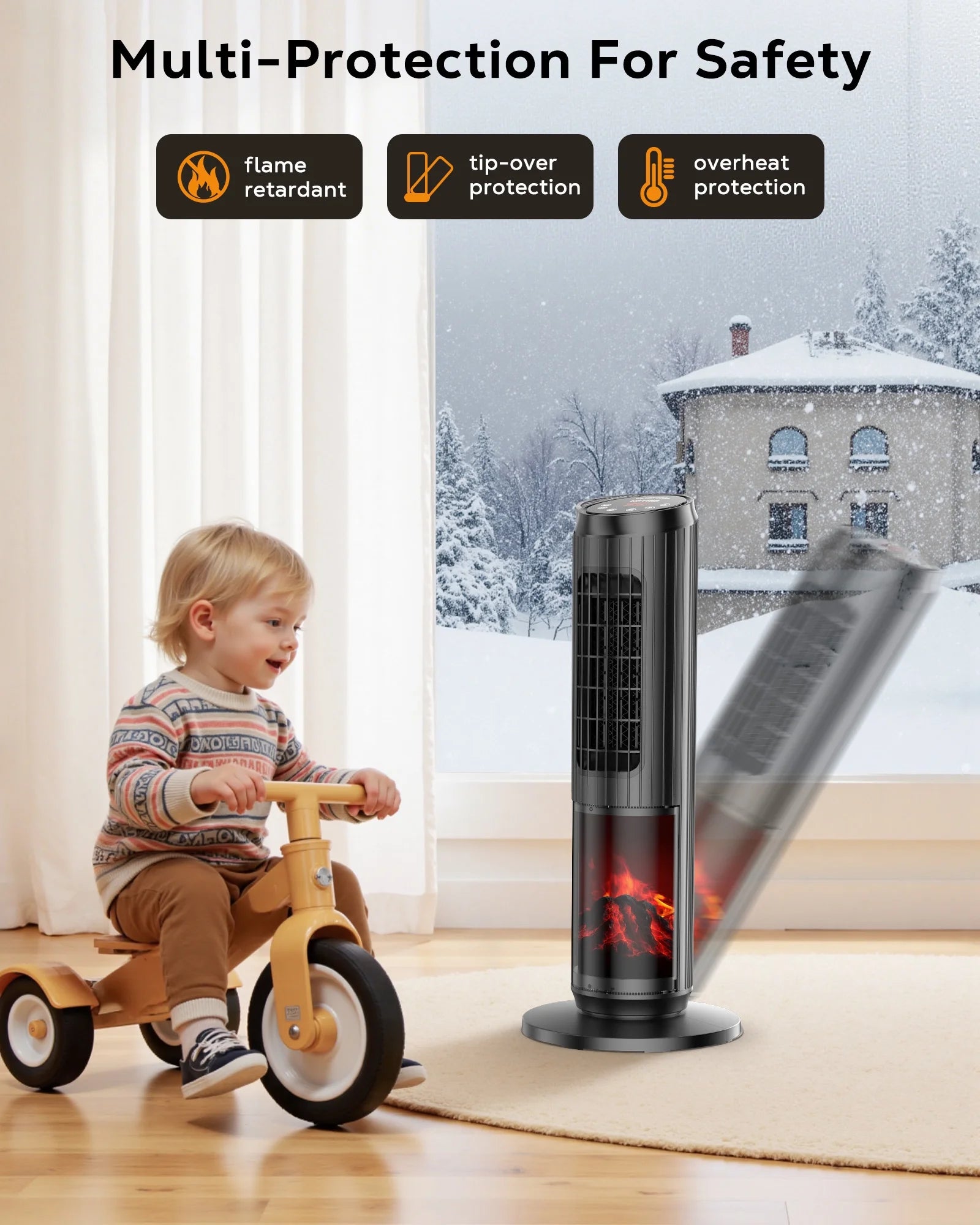 24 Inch Space Heater, 1500W Quiet Oscillating Ceramic Heater for Large Room, PTC Electric Heater with Realistic 3D Flame Effect, Remote Control, Thermostat, for Office, Bedroom, Indoor Use