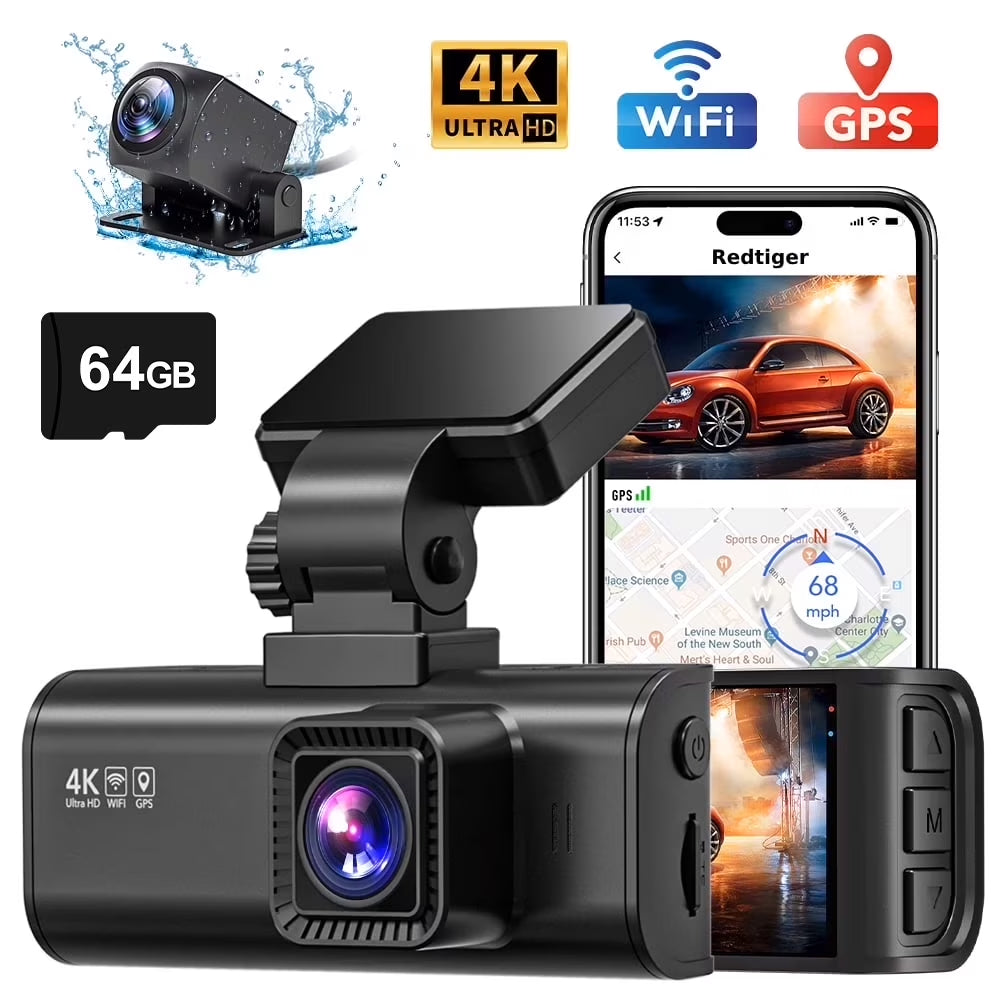 Dash Cam Front and Rear, Dash Cam 4K with Wifi & GPS, 4K/2.5K Front+1080P Rear Dashcam, Dash Camera with Night Vision, 3.18'' LCD Screen, Loop Recording, Black