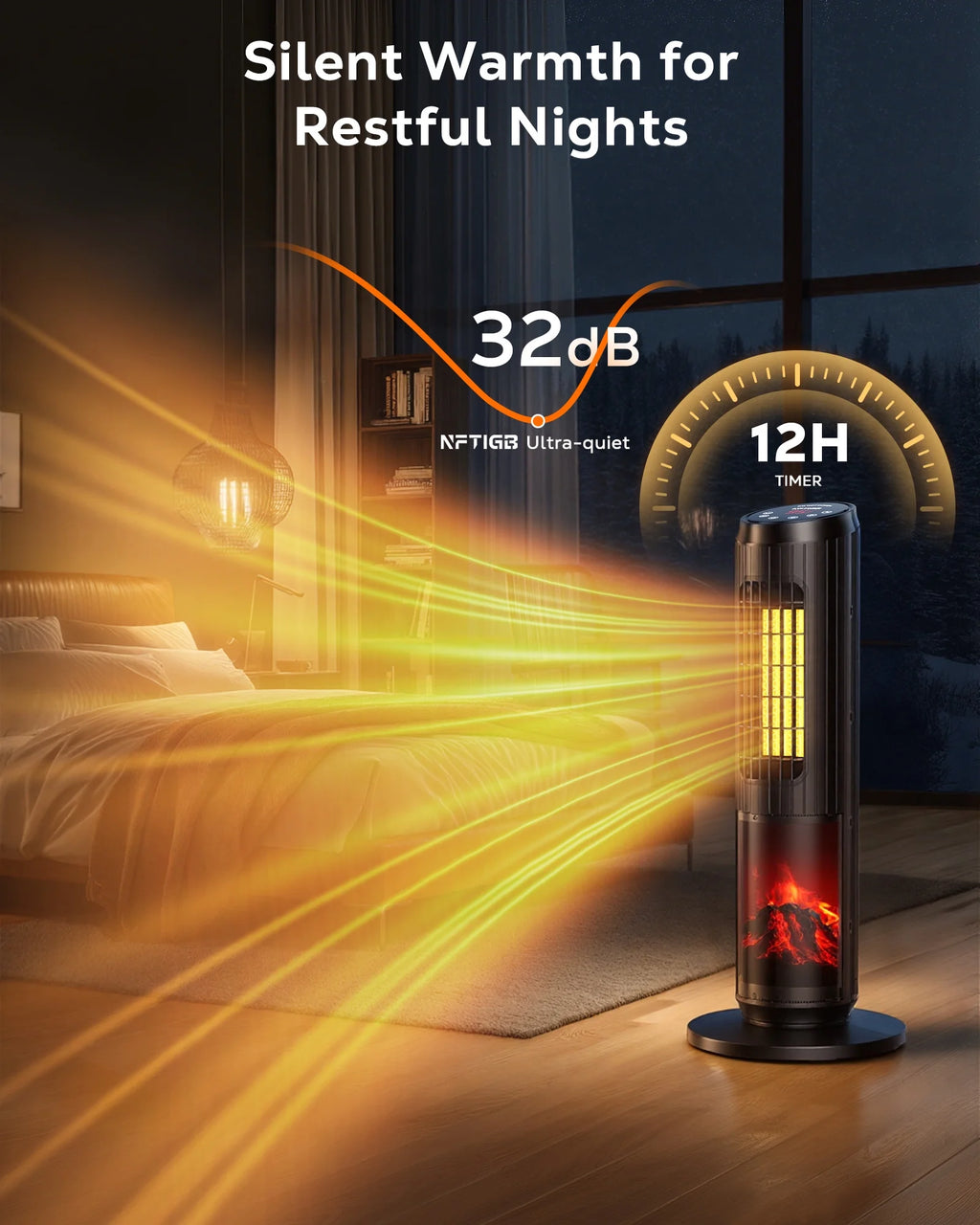 24 Inch Space Heater, 1500W Quiet Oscillating Ceramic Heater for Large Room, PTC Electric Heater with Realistic 3D Flame Effect, Remote Control, Thermostat, for Office, Bedroom, Indoor Use