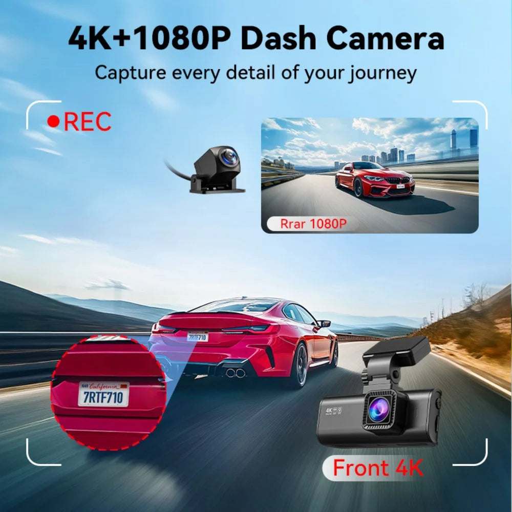 Dash Cam Front and Rear, Dash Cam 4K with Wifi & GPS, 4K/2.5K Front+1080P Rear Dashcam, Dash Camera with Night Vision, 3.18'' LCD Screen, Loop Recording, Black