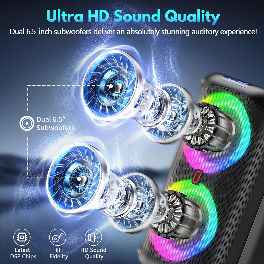Bluetooth Party Speaker, Dual 6.5'' Subwoofer Loud Speaker, Outdoor Portable Speaker, T27-T