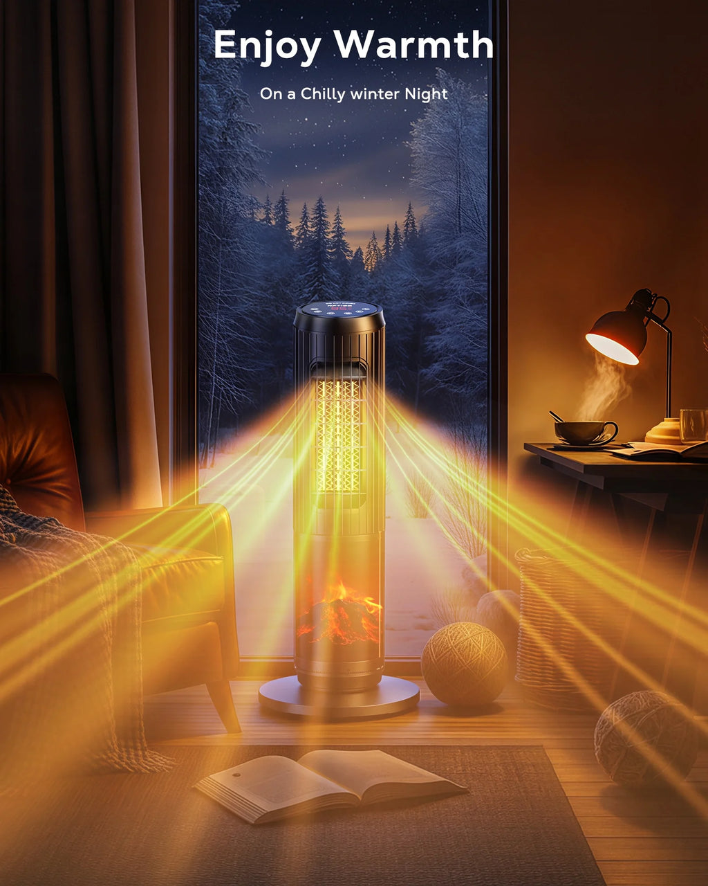 24 Inch Space Heater, 1500W Quiet Oscillating Ceramic Heater for Large Room, PTC Electric Heater with Realistic 3D Flame Effect, Remote Control, Thermostat, for Office, Bedroom, Indoor Use