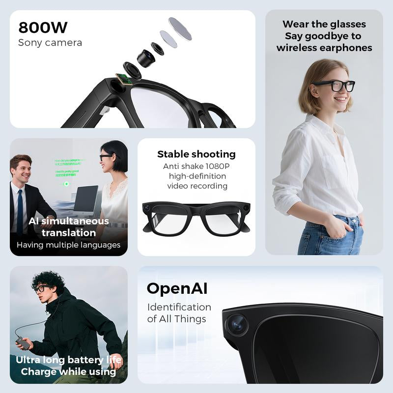 AI Smart Glasses with 800W Sony Camera | Openai Recognition, 1080P Anti-Shake Video, Real-Time Translation & Long Battery Life
