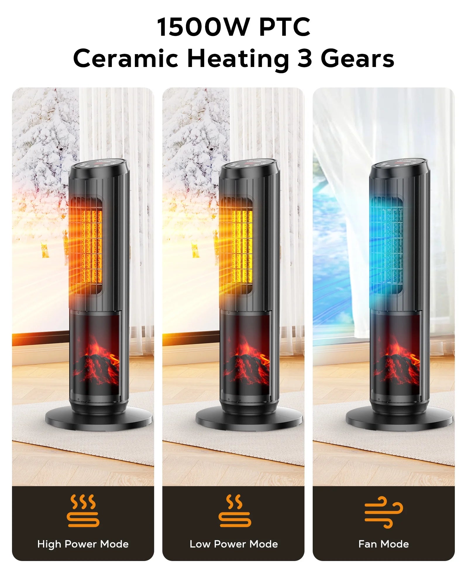 24 Inch Space Heater, 1500W Quiet Oscillating Ceramic Heater for Large Room, PTC Electric Heater with Realistic 3D Flame Effect, Remote Control, Thermostat, for Office, Bedroom, Indoor Use