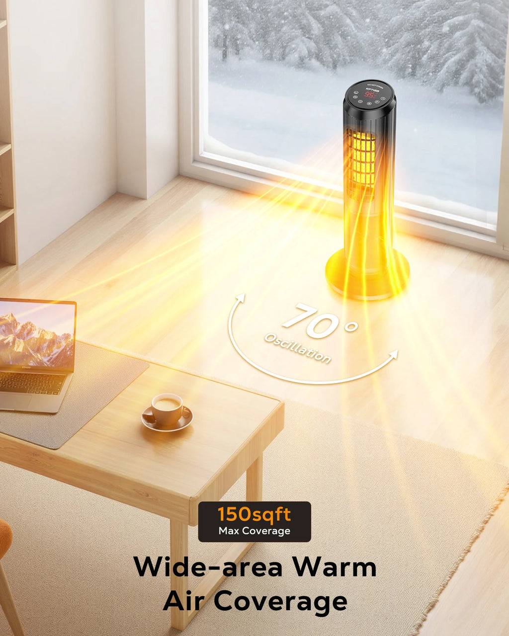 24 Inch Space Heater, 1500W Quiet Oscillating Ceramic Heater for Large Room, PTC Electric Heater with Realistic 3D Flame Effect, Remote Control, Thermostat, for Office, Bedroom, Indoor Use